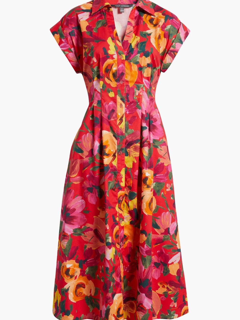 julia jordan Cotton Red Floral Collared Midi Dress, With pockets, Size 6